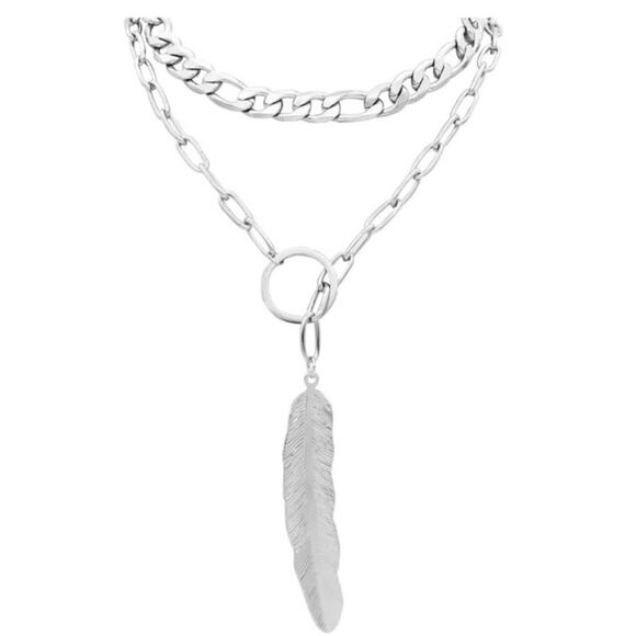 ADORNIA Mixed Chain Feather Lariat Layered Necklace NEW - Picture 2 of 8
